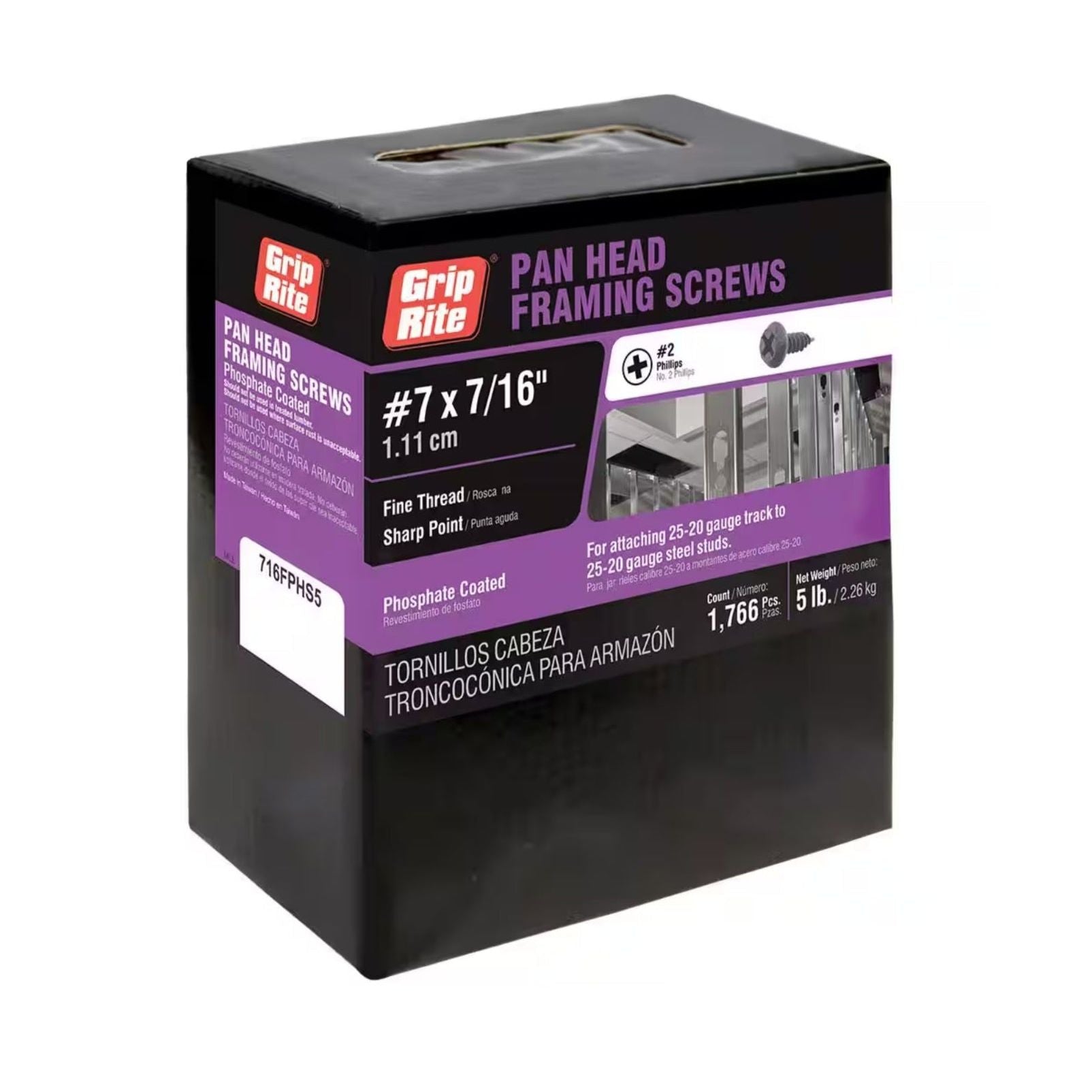 A black and purple Grip-Rite box of GRIP-RITE 716FPHS5 #7 x 7/16 inch drywall screws has a ProTech coating, black phosphate finish, English and Spanish text, contains 1,760 screws, and weighs 5 lbs.